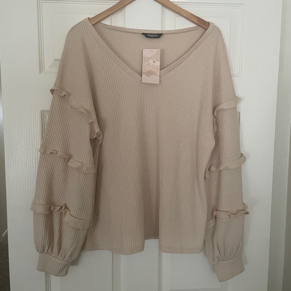 🤎 Ruffled Waffle Knit Loose V-Neck Sweater 🤎 - Picture 4 of 8